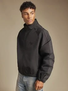 SUMWON Oversized Windbreaker Jacket With Zip Closure Mandarin Collar And Contrast Stripe Sleeve Detail With Embroidered Logo - Black - View 1