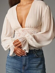 MISSGUIDED Deep Plunge Puff Sleeve Crop Blouse With Floral Lace Waistband Trim And Ruffled Cuffs For Summer Occasions - White - View 2