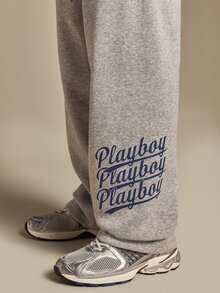 PLAYBOY X SUMWON Wide Leg Sweatpants With Triple Script Leg Print Drawstring Waist Relaxed Fit Fleece Lounge Trousers Fall Winter Casual - Grey - View 5