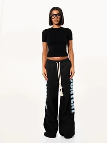 SUMWON WOMEN Wide Leg Sweatpants With Bold Vertical Letter Print, Rope Drawstring Waist, Oversized Relaxed Fit, Casual Everyday Comfort - Black - View 3