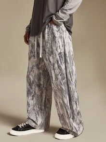 SUMWON Wide Leg Abstract Marble Print Casual Pants With Drawstring Waist Full Length Relaxed Fit Summer Festival Trousers - Black - View 4