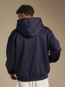 SUMWON Club Oversized Hoodie Color Block Chest Script Print Embroidered Number Pullover Centre Pocket Long Sleeve Winter Essential - Navy Blue - View 2