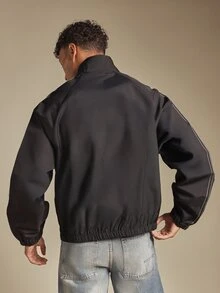 SUMWON Oversized Windbreaker Jacket With Zip Closure Mandarin Collar And Contrast Stripe Sleeve Detail With Embroidered Logo - Black - View 2