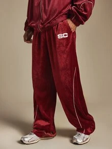 SUMWON Velvet Wide Leg Track Pants With White Contrast Piping And Logo Detail Perfect For Casual Everyday Wear And Lounging - Burgundy - View 1