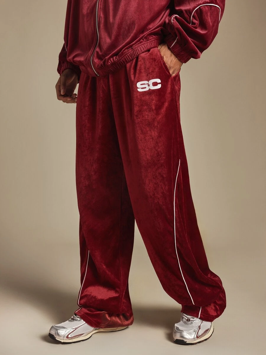 SUMWON Velvet Wide Leg Track Pants With White Contrast Piping And Logo Detail Perfect For Casual Everyday Wear And Lounging - Burgundy - View 1