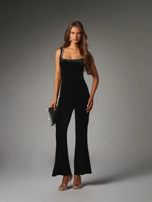 MISSGUIDED Velvet Flared Jumpsuit With Rhinestone Square Neckline Sleeveless Full Length One Piece Party Holiday Evening Outfit - Black - View 5