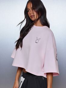 Missguided x Playboy Bunny Logo Oversized Boxy Crop T-Shirt With Large Back Graphic Print And Chest Logo Detail - Baby Pink - View 4