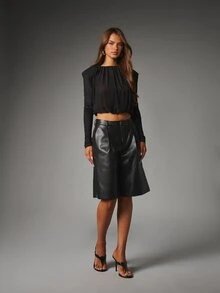 MISSGUIDED Black Mesh Crop Blouse With Ruched Boat Neckline And Structured Padded Shoulders Long Sleeve Semi Sheer Evening Top Party - Black - View 4
