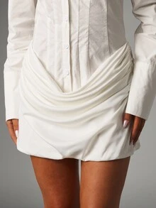MISSGUIDED Shirt Mini Dress With Corset Bodice Long Sleeve Collared Button Down Ruched Skirt Summer Party Night Out Dress - White - View 2