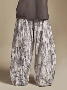 SUMWON Wide Leg Abstract Marble Print Casual Pants With Drawstring Waist Full Length Relaxed Fit Summer Festival Trousers - Black - View 2
