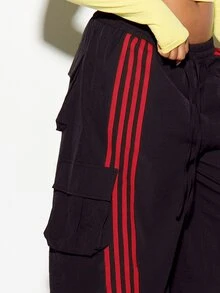 SUMWON WOMEN Cargo Culottes Wide Leg Cropped Pants With Bold Side Stripe Detail Elastic Waist And Utility Pockets Holiday Festival Style - Black - View 3
