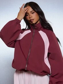 Missguided x Playboy Bunny Embroidered Cropped Windbreaker Jacket With Color Block Panel Stand Collar And Elasticated Cuffs - Burgundy - View 4