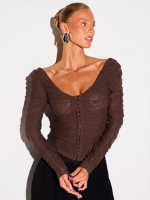 KIZN Ruched Mesh Long Sleeve Crop Top With Hook And Eye Front Closure And Open Back Sweetheart Neckline Party Night Out Top - Chocolate Brown - View 5