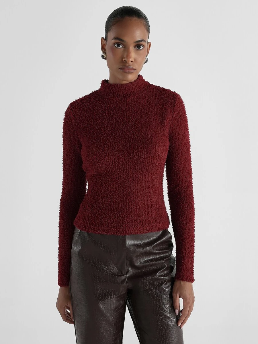 KSTM Boucle Knit Mock Neck Long Sleeve Fitted Top Fall Winter Cozy Textured Slim Pullover Holiday Party Season - Burgundy - View 1