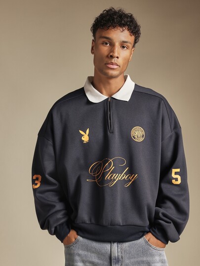 PLAYBOY X SUMWON Oversized Quarter Zip Rugby Sweatshirt With Script Logo Bunny Graphic And Number Sleeve Print