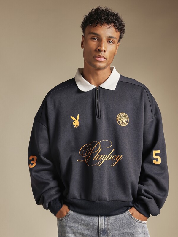 PLAYBOY X SUMWON Oversized Quarter Zip Rugby Sweatshirt With Script Logo Bunny Graphic And Number Sleeve Print