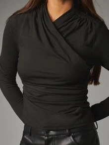 MISSGUIDED Wrap Cowl Neck Long Sleeve Ruched Crop Top Elegant Draped Party Night Out Fall Winter Night Out Blouse - Black - View 5