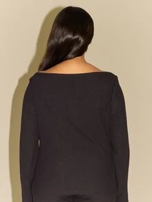 FASHION SZN Plus Size Casual Ribbed Long Sleeve Top Basics Essentials Wardrobe Staple Autumn Winter Trending Black Top New Season Fall New Fall Outfit Layering Super Soft Ribbed Knit Black Top Tank Office Wear To Work Y2K - Black - View 2