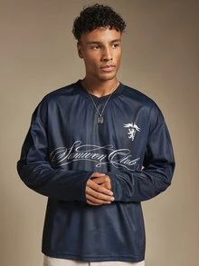 SUMWON Club Script Logo V-Neck Long Sleeve Oversized Jersey Top With Lion Sheild Graphic Print For Casual Weekend Wear - Navy Blue - View 4