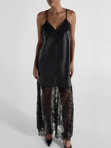 KSTM Faux Leather And Lace Maxi Slip Dress With V-Neck Lace Trim Detail And Sheer Floral Lace Skirt Evening Party Holiday - Black - View 1