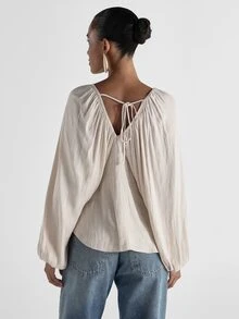 KSTM Flowy V-Neck Blouse With Balloon Sleeves Ruched Neckline Tie Back Detail Boho Oversized Top Spring Summer - Apricot - View 2