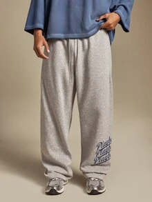 PLAYBOY X SUMWON Wide Leg Sweatpants With Triple Script Leg Print Drawstring Waist Relaxed Fit Fleece Lounge Trousers Fall Winter Casual - Grey - View 4