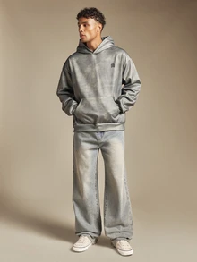 SUMWON Oversized Washed Hoodie With Monogram Logo Embroidery Centre Pocket Ribbed Cuffs And Hem Vintage Distressed Finish - Army Green - View 3
