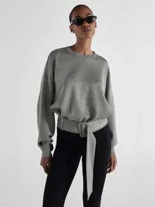 KSTM Oversized Crop Sweatshirt With Self-Fabric Belt Crew Neck Long Sleeve Pullover Top Fall Winter Casual Chic - Grey - View 1