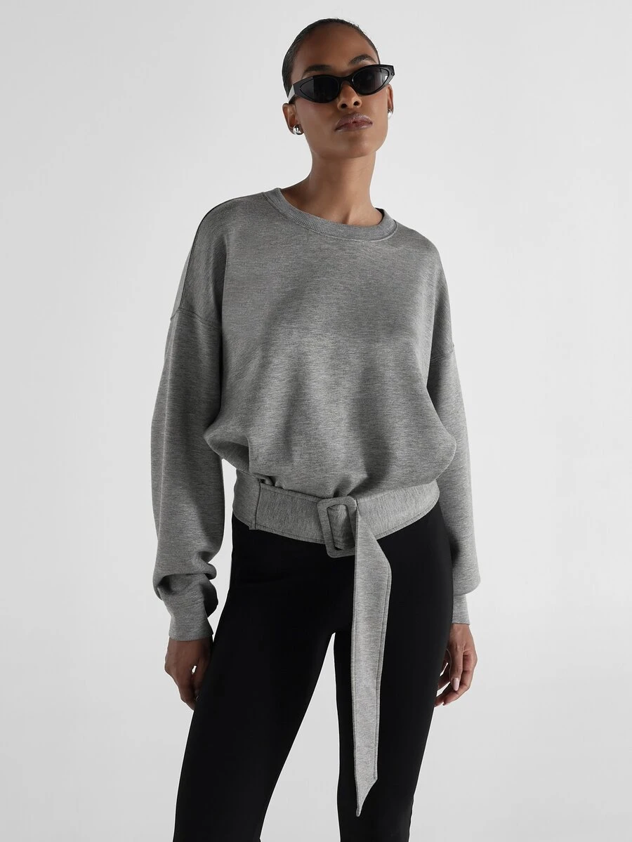 KSTM Oversized Crop Sweatshirt With Self-Fabric Belt Crew Neck Long Sleeve Pullover Top Fall Winter Casual Chic - Grey - View 1