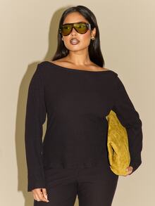 FASHION SZN Plus Size Casual Ribbed Long Sleeve Top Basics Essentials Wardrobe Staple Autumn Winter Trending Black Top New Season Fall New Fall Outfit Layering Super Soft Ribbed Knit Black Top Tank Office Wear To Work Y2K - Black - View 3