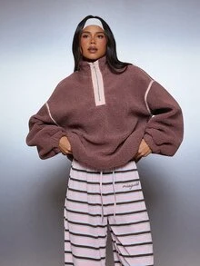 MISSGUIDED Sweatshirt Sherpa Oversized dengan Resleting Setengah dan Detail Pipa Kontras, Pullover Fleece Kerah Tinggi, Pakaian Musim Dingin yang Nyaman dan Esensial - Dusty Purple - View 4