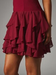 MISSGUIDED Halter Neck Mini Dress With Keyhole Cut-Out And Tiered Ruffle Chiffon Skirt For Party Evening Holiday Season - Burgundy - View 5