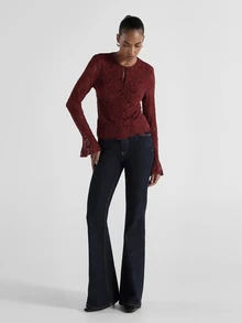 KSTM Floral Lace Bell Sleeve Blouse With Keyhole Notch Neckline And Ruched Detail Perfect For Date Night And Holiday Occasions - Burgundy - View 3