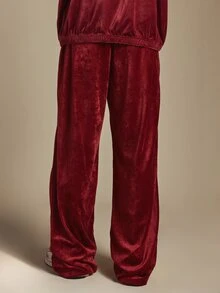 SUMWON Velvet Wide Leg Track Pants With White Contrast Piping And Logo Detail Perfect For Casual Everyday Wear And Lounging - Burgundy - View 2