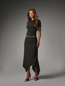 MISSGUIDED Ruched Wrap Neck Crop Top And Asymmetric Handkerchief Hem Midi Skirt Co-Ord Two Pieces Set - Black - View 1