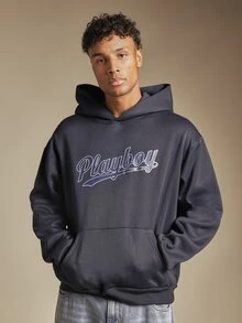 PLAYBOY X SUMWON Varsity Script Logo Oversized Pullover Hoodie With Centre Pocket Long Sleeve Winter Essential Streetwear - Black - View 4