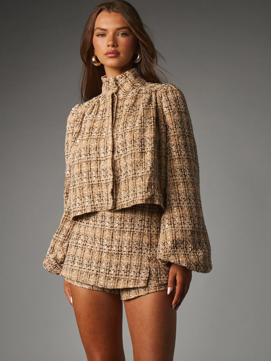 MISSGUIDED Tweed Mini Skort High Rise Asymmetric Wrap Front Boucle Woven Short Skirt Holiday Party Occasion - Multicolor - View 1