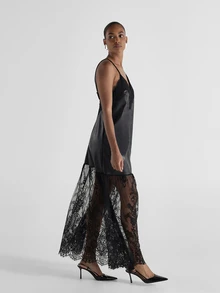 KSTM Faux Leather And Lace Maxi Slip Dress With V-Neck Lace Trim Detail And Sheer Floral Lace Skirt Evening Party Holiday - Black - View 2