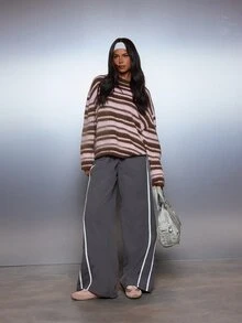MISSGUIDED Wide Leg Casual Pants With White Contrast Side Stripe Detailing Elastic Waist Full Length Relaxed Fit Trousers For Fall Winter - Grey - View 2