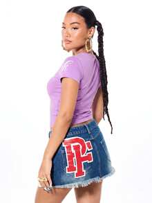 SUMWON X PAUL FRANK SUMWON WOMEN Monkey Rhinestone Graphic Crop Tee Short Sleeve Baby Fit Crew Neck Top - Purple - View 2