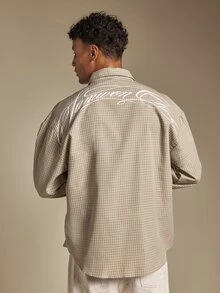 SUMWON Checked Boxy Crop Shirt With Cursive Script Back Print Long Sleeve Button-Up Collared Top - Green - View 1