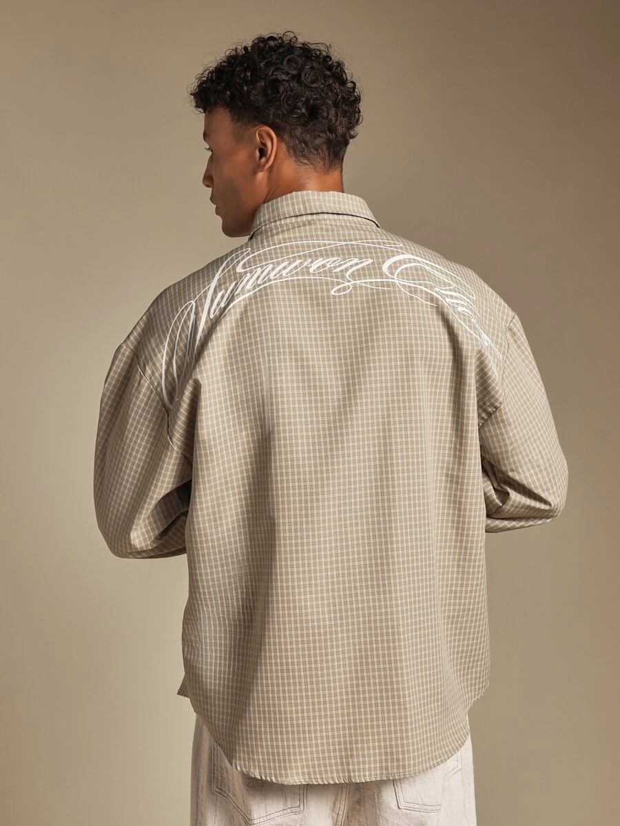 SUMWON Checked Boxy Crop Shirt With Cursive Script Back Print Long Sleeve Button-Up Collared Top - Green - View 1