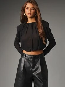 MISSGUIDED Black Mesh Crop Blouse With Ruched Boat Neckline And Structured Padded Shoulders Long Sleeve Semi Sheer Evening Top Party - Black - View 1