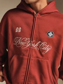 SUMWON Oversized Full-Zip Hoodie With New York City Embroidery Script And Patch Badge Detail For Fall Winter - Burgundy - View 5