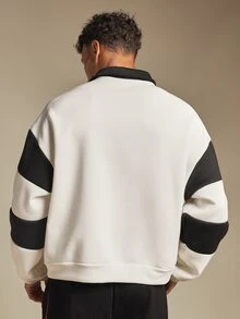SUMWON Legends New York City Graphic Rugby Shirt Oversized Long Sleeve Collared Sweatshirt With Horizontal Stripes And Chest Print - Black and White - View 2
