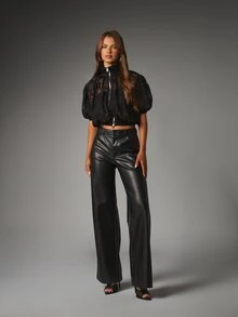 MISSGUIDED Sheer Floral Lace Cropped Bomber Jacket With Front Zip Closure Stand Collar And Puff Sleeves Fall Party Evening Outerwear - Black - View 4