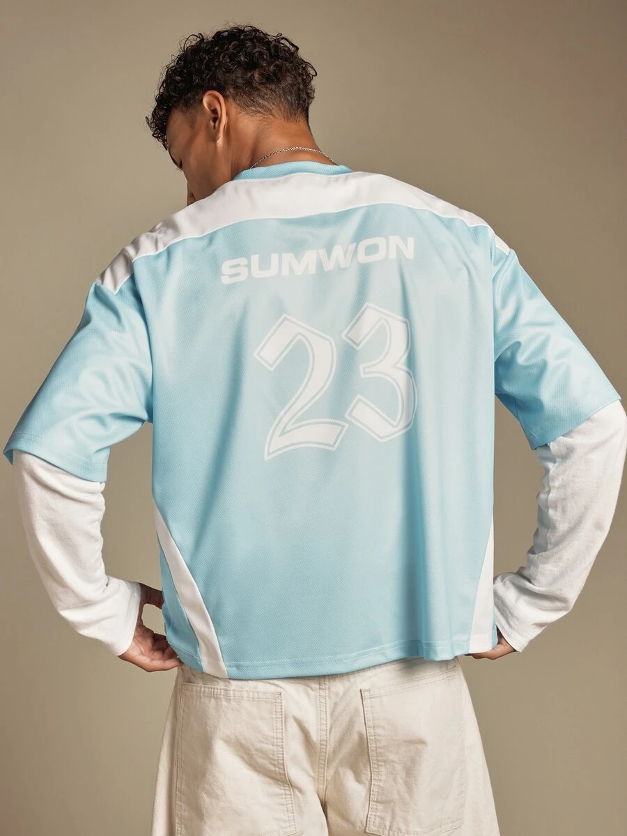 SUMWON Oversized Light Blue Color Block Mesh Soccer Jersey V-Neck Tee With Number 23 And Varsity Back Print - Blue and White - View 1