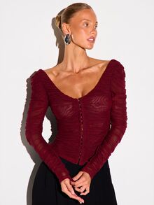 KIZN Ruched Mesh Long Sleeve Corset Top With Hook And Eye Front Closure And Deep V Neckline For Date Night Party - Burgundy - View 5
