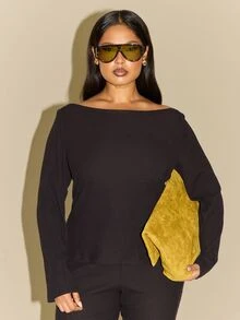 FASHION SZN Plus Size Casual Ribbed Long Sleeve Top Basics Essentials Wardrobe Staple Autumn Winter Trending Black Top New Season Fall New Fall Outfit Layering Super Soft Ribbed Knit Black Top Tank Office Wear To Work Y2K - Black - View 1