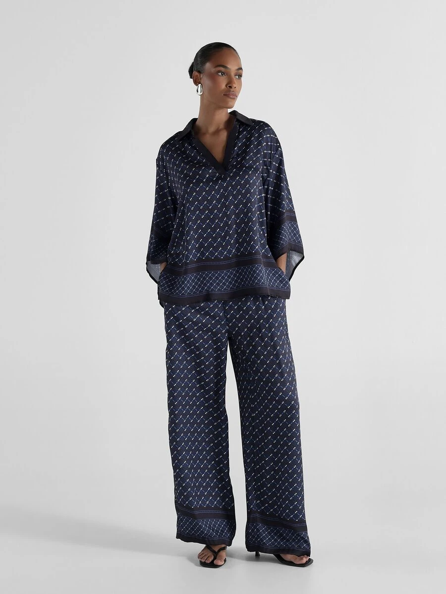 KSTM Wide Leg Palazzo Pants With Geometric Diamond Print Elastic Drawstring Waist Border Hem Detail Flowy Summer Holiday Resort Wear - Multicolor - View 1